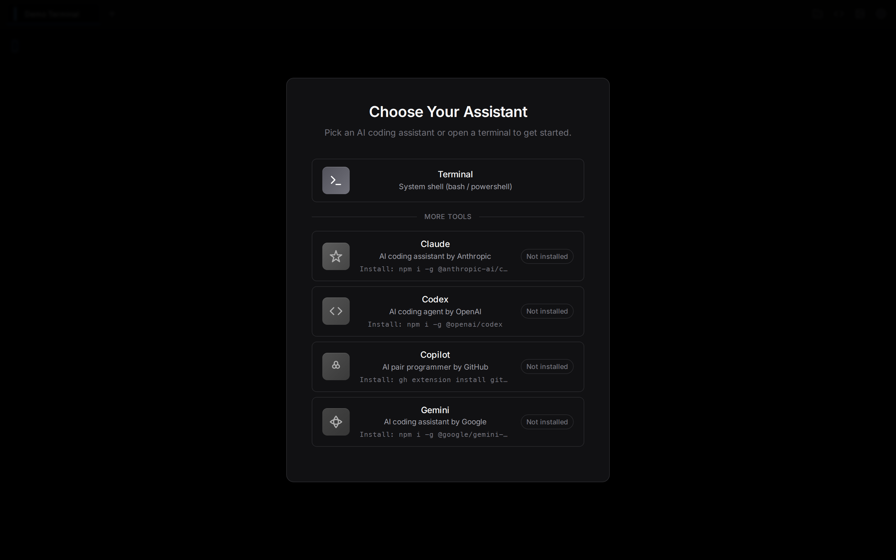 ai-or-die tool selection screen showing available AI tools