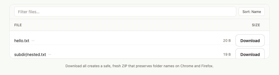 Unzip showing a validated ZIP archive with two files ready to download