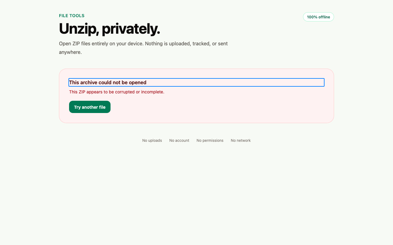 Unzip error screen explaining that a corrupted archive could not be opened
