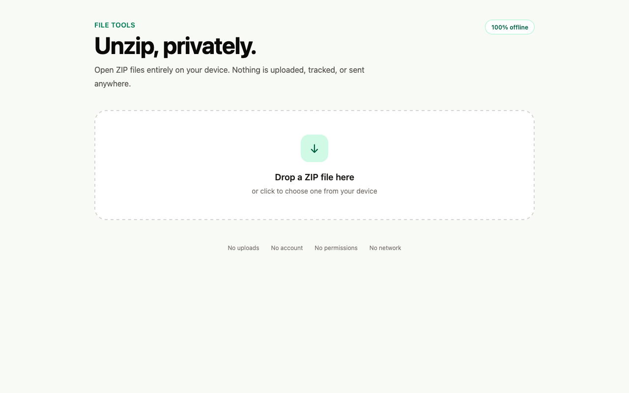 Unzip idle screen with a large keyboard-accessible ZIP file drop zone