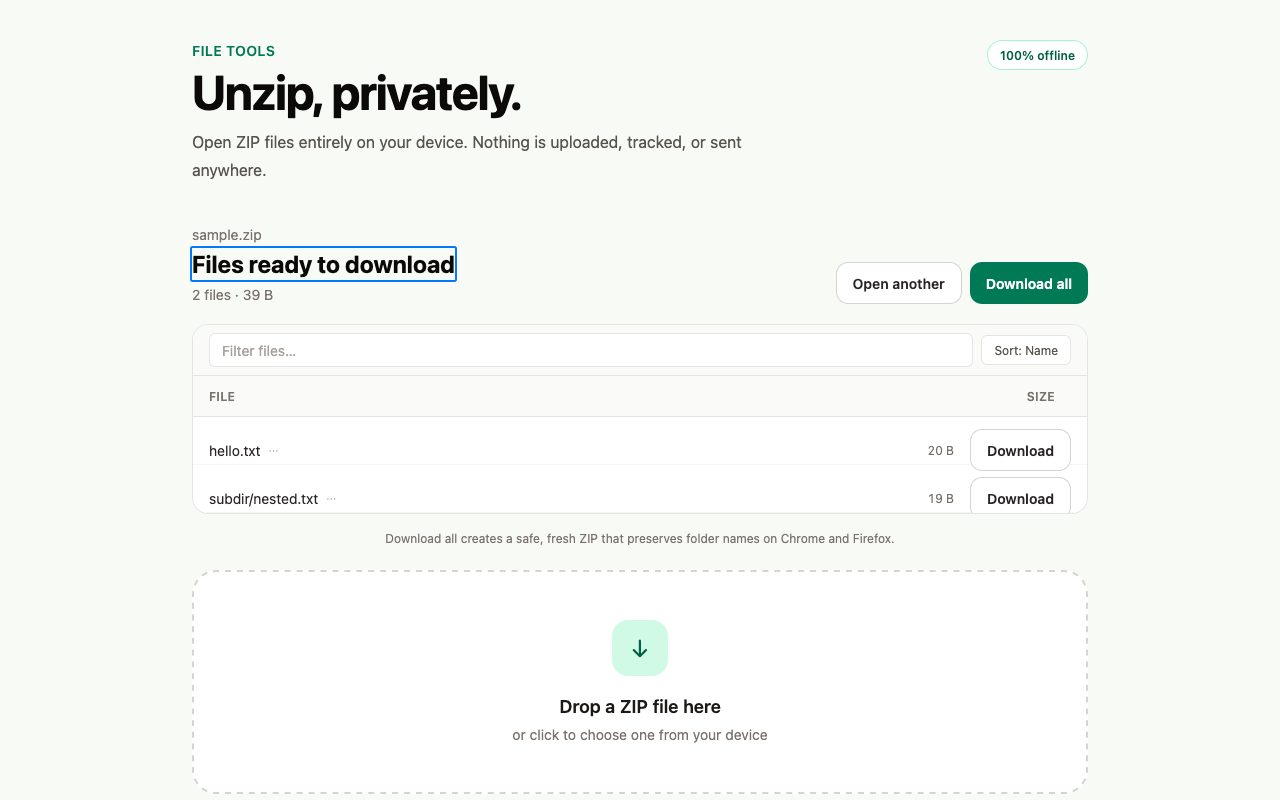 Unzip ready screen showing a filterable file tree and download controls