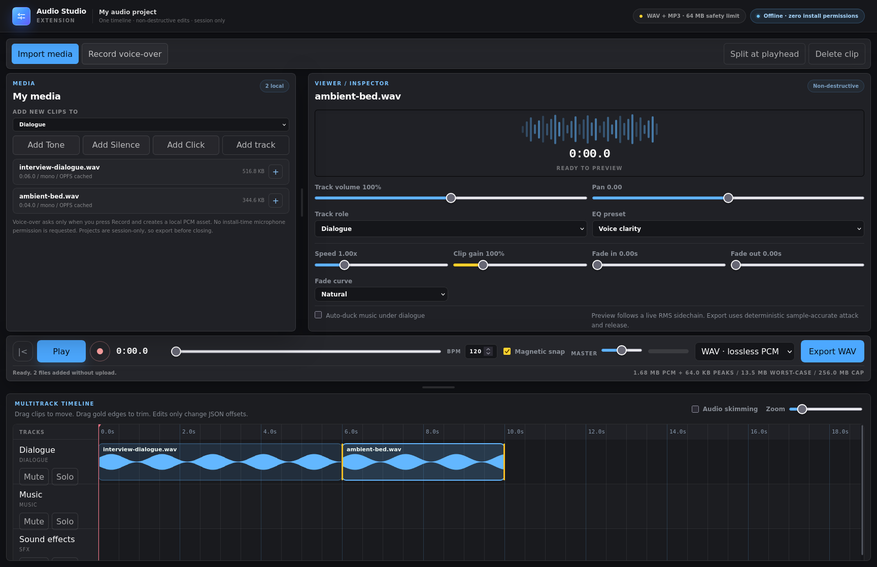 Audio Studio editing a multitrack project with waveforms, local preview, and export controls