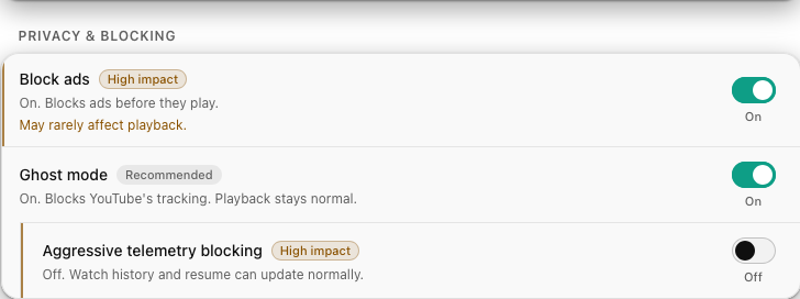The Privacy and Blocking settings: block ads, Ghost mode, and aggressive telemetry blocking.