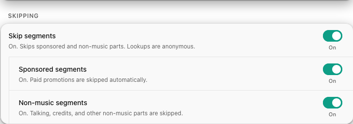 The Skipping settings: skip segments, with sponsored and non-music categories.